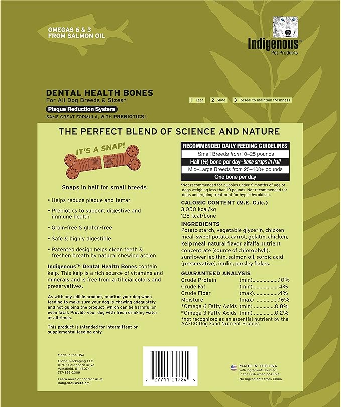 Indigenous Pet Dental Health Bones Regular – Original Fresh Breath (17 Ounce) | Grain-Free Dog Chews with Prebiotics & Omegas | Freshens Breath, Supports Digestive, Skin & Coat Health |