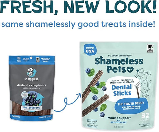 Shameless Pets Blueberry & Mint Dental Chews for Dogs, 32 Chews - Natural Dog Teeth Cleaning Treats with Fresh Breath Benefits | Grain-Free Dental Sticks for Small, Medium & Large Dogs