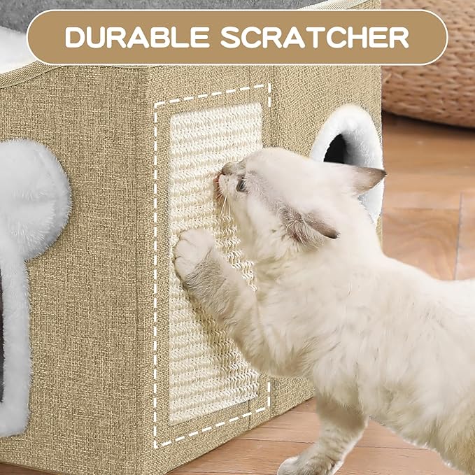 Cat House for Indoor Cats, Large Cat Bed Cave with Scratch Pad and Fluffy Ball, Foldable Cat Hideaway Condo, Kitten Bed, 16x16x13inch (Khaki, Large)