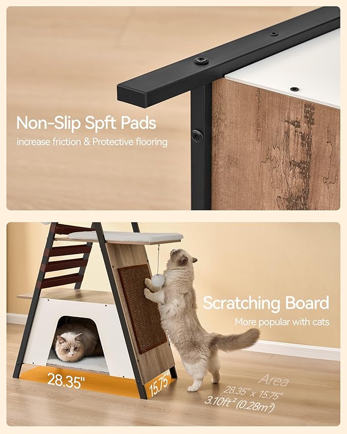 FourFurPets 72.4" Cat Tree, Modern Cat Tower for Indoor Cats, Multi-Level Cat Condo with Caves, Tall Cat Tree with Cat Scratching Board, Wooden Cat Tower with Large Perch, Removable Pads, Camel Brown