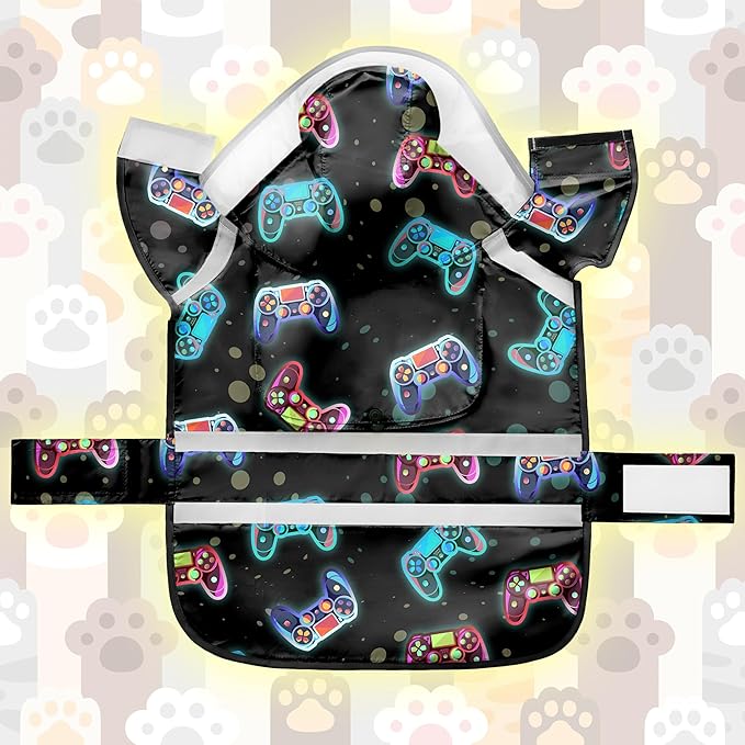 Dog Raincoat, Adjustable Rain Jacket with Hooded Double Layer for Large Medium Small Dogs Puppies, Lightweight Waterproof Rain Coat Poncho with Reflective Stripe Game Controller Black,XXL