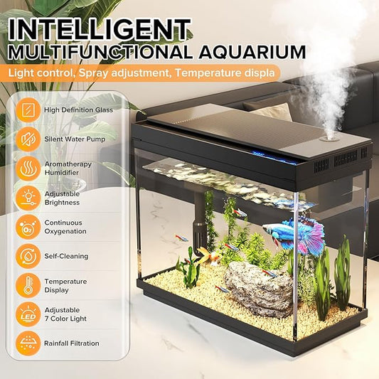 Vehipa Fish Tank, 2.4 Gallon Fish Aquarium, Fish Tank Starter kit with Smart Humidifier, Temperature Display, 7-Color Lighting, 3 in 1 Quiet Pump with Filteration & Oxygenation & Circulation