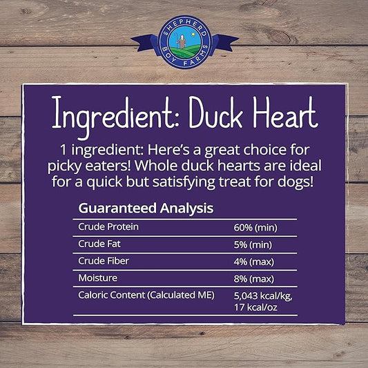 Shepherd Boy Farms Freeze Dried Dog and Cat Treats, Duck Heart, All Natural Single Ingredient Freeze-Dried Dog Treat & Snacks, Made in USA, High Protein, Essential Nutrition of Raw Food, 8oz