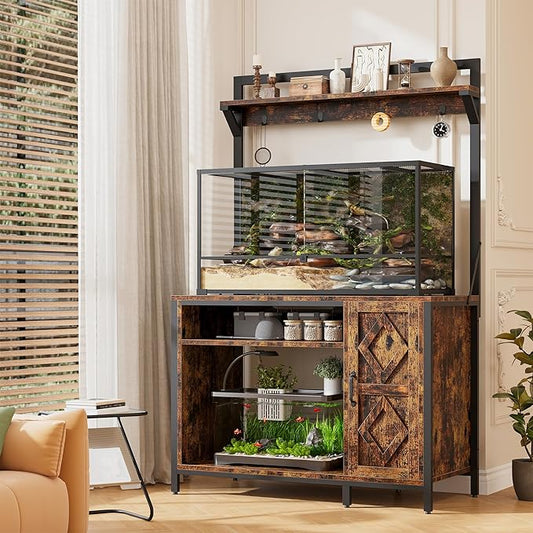 kepptory 40-50 Gallon Diamond Fish Tank Stand with Power Outlet, Heavy Duty Aquarium Cabinet with Display Shelf and 4 Hooks, Suitable for Turtle Tank, Reptile Terrarium for Home Office (Retro Brown)