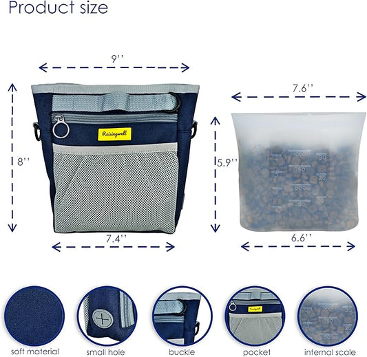 Dog Treat Pouch with Magnetic Closure 4-Cup Silicone Bag Fanny Pack Holder with Clicker 4 Ways to Wear Front Pocket Fits All Phones Ideal for Leash, Pet Walking and Training(Blue)