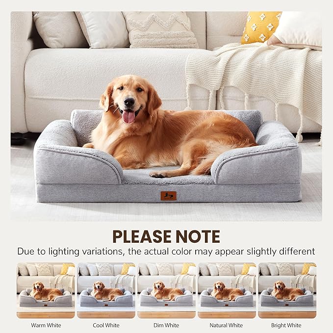XL Orthopedic Dog Beds for Large Dogs, Waterproof Egg-Crate Foam Pet Couch Bed with Soft Sides, Non-Slip Dog Sofa with Fleece Removable Washable Cover, 42" L Supportive Pet Sofa, Light Grey