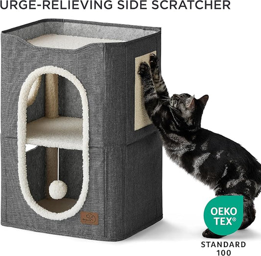 Bedsure 2 Story Cat House - Cat Condos for Indoor Cats with Scratch Pad and Fluffy Ball Hanging, Small Pet Cave Furniture Hideaway for Multi Pets, 18x14x23 inches, Dark Grey