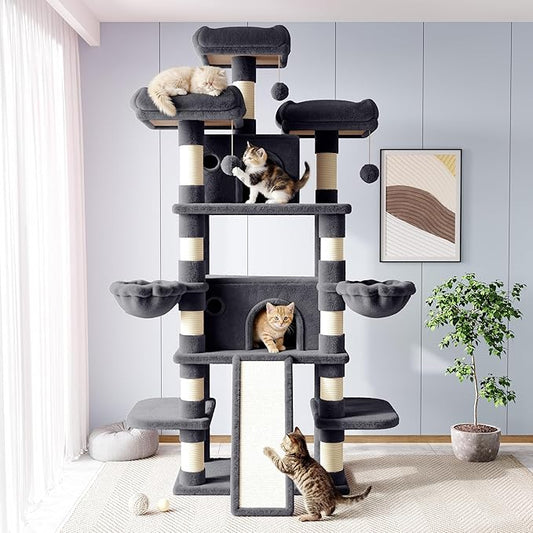 Allewie 82 Inches Large Cat Tree/House/XXL Tall Cat Towers for Big Feline/Scratching Post/Multi-Level Large Kitty Climbing Tree with Condo/Smokey Grey