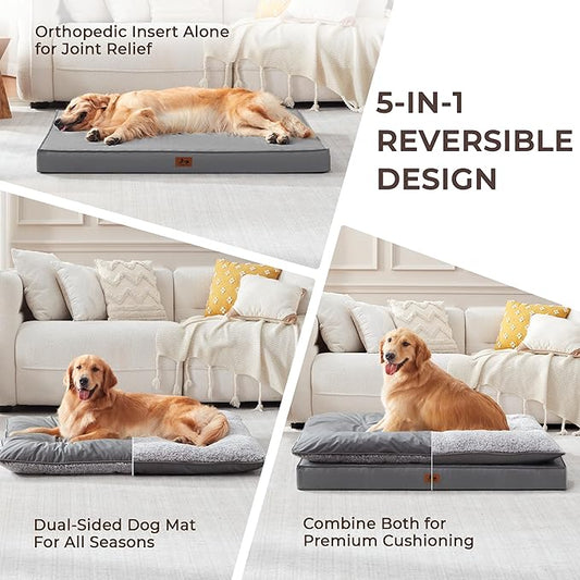 Washable Dog Bed for Medium Large Size Dog, Plush Pillow Pet Bed with Cooling Leather Egg-Crate Foam Base, Waterproof Kennel Bed with Removable Cover, 55" x 42" Comfort Cushion Bed, Dark Grey