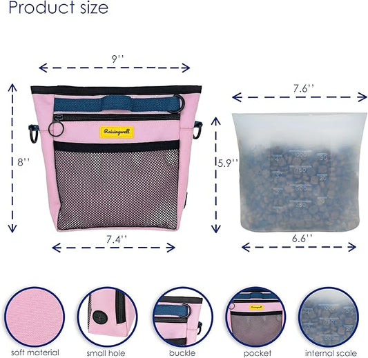 Dog Treat Pouch with Magnetic Closure 4-Cup Silicone Bag Fanny Pack Holder with Clicker 4 Ways to Wear Front Pocket Fits All Phones Ideal for Leash, Pet Walking and Training(Pink)