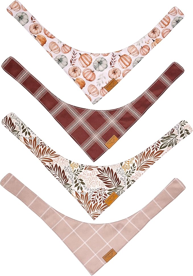 Remy+Roo Fall Dog Bandanas 4 Pack - Amber Set, Premium Durable Polyester Fabric, Patented Curved Design, Adjustable Fit for Small, Large, and XL Dogs, Trendy Patterns, Dog Fall Bandanas (Small)