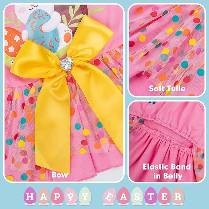 cyeollo Easter Day Dog Dress Dog Clothes Girl Skirt Holiday Outfit Bunny Egg Print Tulle Doggie Dresses for Small Dogs Cats Pet Apparel, Pink L