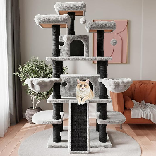 SHA CERLIN 68 Inches Multi-Level Large Cat Tree for Large Kitties/Big Cat Tower with Condo/Cozy Plush Pussycat Perches/Sisal Scratching Posts and Hammocks/Activity Center/Black & Grey