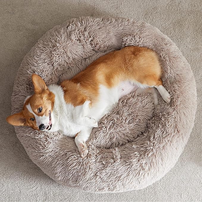 WNPETHOME Donut Dog Beds Large Sized Dog,Anti-Anxiety Caming Large Pet Bed,Fluffy Faux Fur Plush Puppy Bed,Warming Cozy Soft Round Bed for Pet, Cat Cuddler Cushion