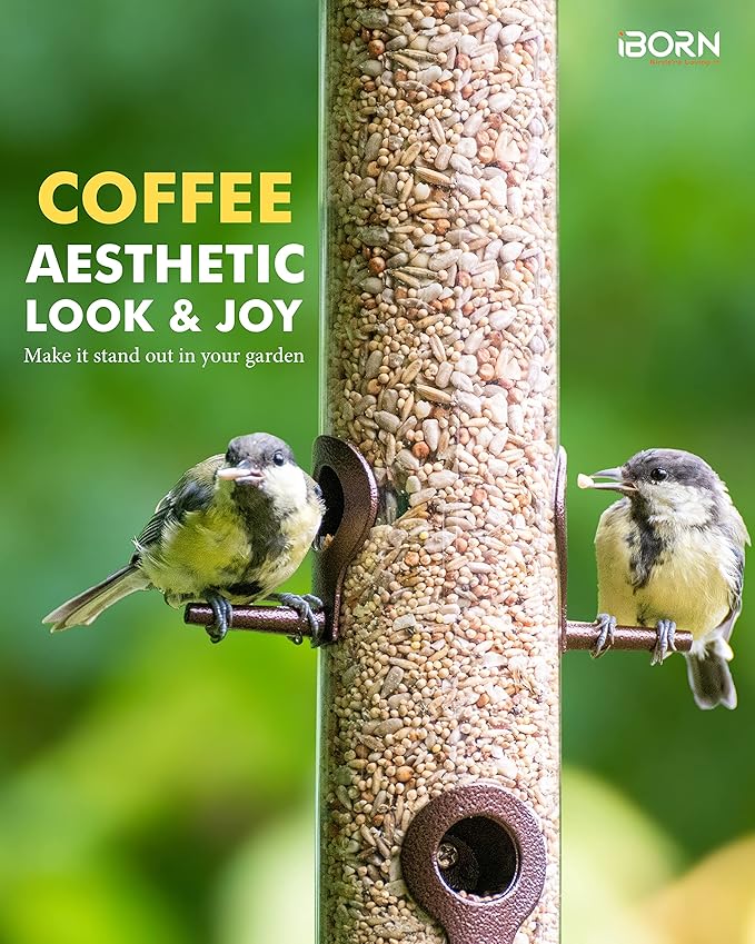 iBorn Metal Bird Feeder Hanging Wild Bird Seed Feeder for Mix Seed Blends Heavy Duty All Metal Coffee Finish,15 Inch 6 Port,Pack of 2