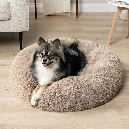PetAmi Calming Dog Bed for Small Medium Dog Cat, Round Donut Dog Bed Washable, Fluffy Faux Fur Plush Cuddler Pet Kitten Cushion Bed, Anti-Slip, Fits up to 25 lbs, 23 inch, Taupe