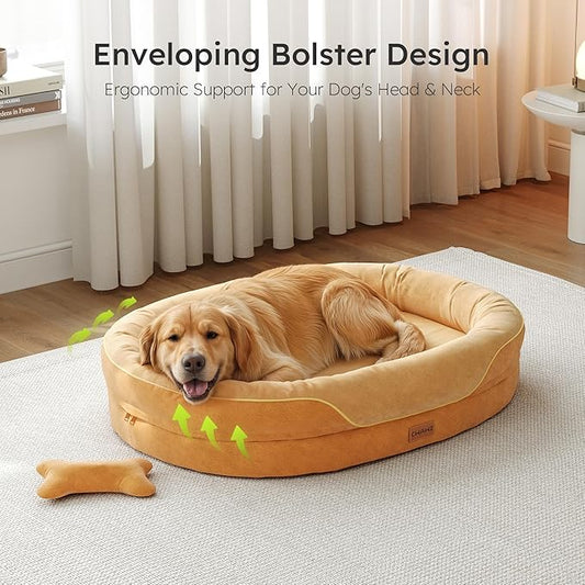 XL Orthopedic Dog Bed, Extra Large Dog Bed, Dog Sofa for Large Sized Dogs with Full-Surround Bolsters, Dual-Sided Dog Cooling Bed with Memory Foam, Washable Pet Sofa with Nonslip Bottom, Brown