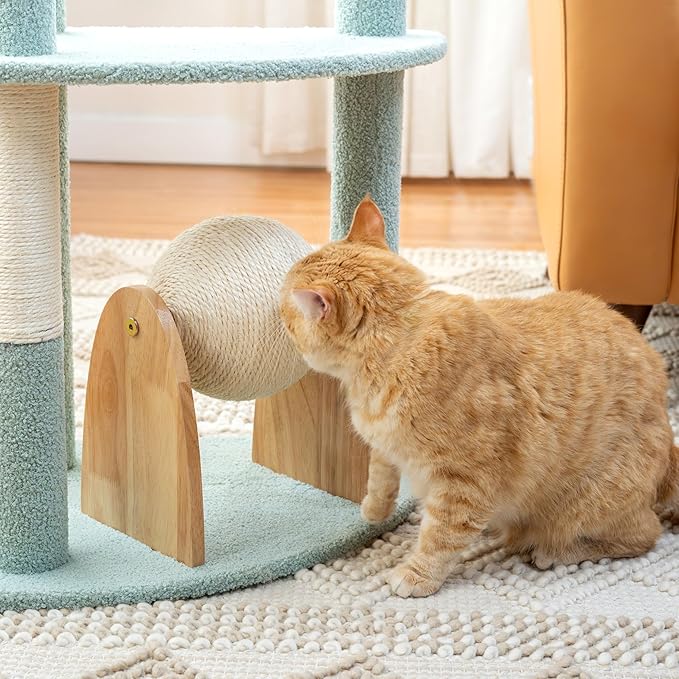 Kitty City Triple Perch Wooden Cat Tower with Scratching Posts & Hanging Toys, Modern Multi-Level Indoor Cat Furniture with Sherpa Beds