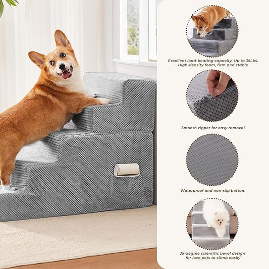 HYLEORY Dog Stairs for Bed 22.5''H, 5-Step Pet Stairs for Small Dogs & Cats, Sturdy Pet Steps with Non-Slip Bottom, Functional Portable Dog Ramp for Couch/Chair/Sofa/Car, Storage Pocket, Light Grey