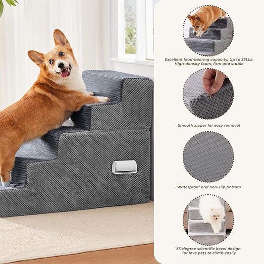 HYLEORY Dog Stairs for Bed 22.5''H, 5-Step Pet Stairs for Small Dogs Cats, Sturdy Pet Steps with Non-Slip Bottom, Functional Portable Dog Ramp for Couch/Chair/Sofa/Car, Storage Pocket, Grey-Light Grey