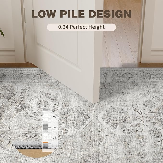 2x8 Washable Hallway Runner Rug - Kitchen Rugs with Non Slip Backing Vintage Soft Farmhouse Entryway Mat for Living Room Laundry Bedroom Bathroom Ivory/Gray