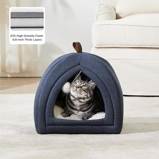 Bedsure Cat Beds for Indoor - 2 in 1 Cat Cave House Tent for Kittens and Small Pets with Removable Washable Cushioned Pillow, Foldable Kitten Hideaway with Non-Slip Bottom, Navy, 16 inches