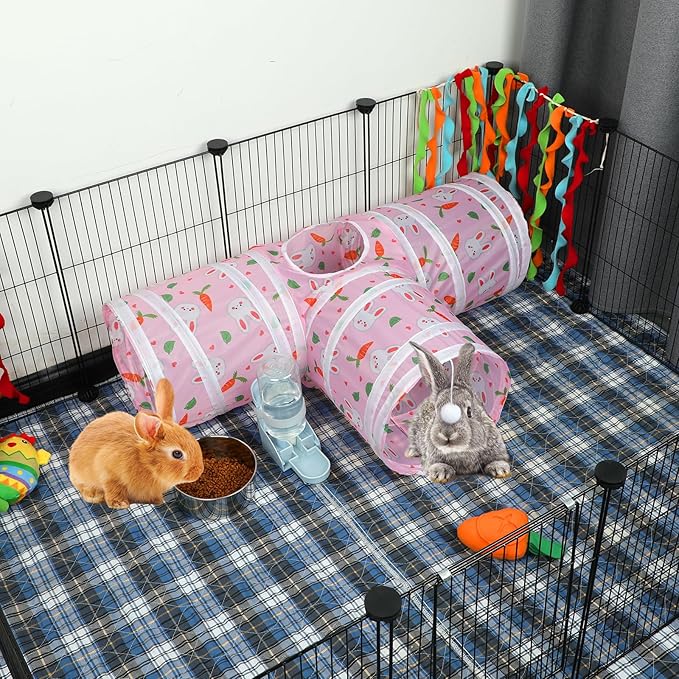 BWOGUE Bunny Tunnels & Tubes Collapsible 3 Way Bunny Hideout Small Animal Activity Tunnel Toys for Dwarf Rabbits Bunny Guinea Pigs Kitty(Pink)