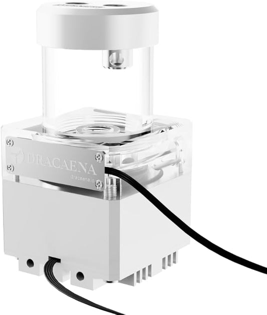 dracaena.io High Flow 650L/H PC Water Pump Combo with Colorful LED and 65ml 50mm (1.9in) Reservoir – 12W, 0.7A, 65mm x 65mm x 115mm (2.6 x 2.6 x 4.5in), White