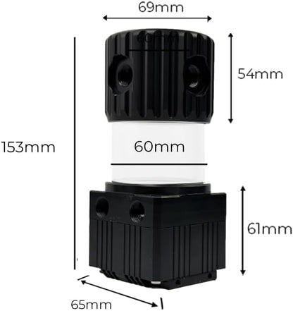 Dracaena.io High Flow 780L/H PC Water Pump Reservoir Combo, 12V 18W Brushless Microprocessor Pump, 5–6m Head, G1/4” Thread, Acrylic+POM Tank 100ml, 4-Pin Connector, Black