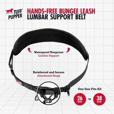 Tuff Pupper Heavy Duty Hands Free Dog Leash | Two Small/Medium Dogs Up to 90 lbs | Comfortable Shock Absorbing Bungee | Reflective Padded Handles | Lumbar Waist Belt 26-38" | Jogging Running Leash