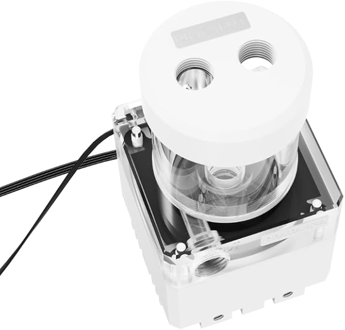 dracaena.io High Flow 650L/H PC Water Pump Combo with Colorful LED and 65ml 50mm (1.9in) Reservoir – 12W, 0.7A, 65mm x 65mm x 115mm (2.6 x 2.6 x 4.5in), White
