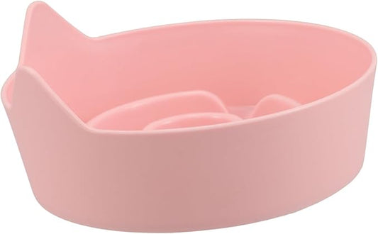 Non-Slip Pink Cat Bowl Slow Feeder with Grooved Interior for Small Pets Puppies Kittens Rabbits Plastic Dish for Wet Food and Water