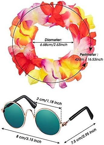 3 Pieces Small Dog Hawaiian Costume Puppy Halloween Cool T-Shirts Summer Clothes with Retro Sunglasses and Colorful Wreath Hawaiian Shirts Costume for Small to Medium Dogs Pet(Green Series)