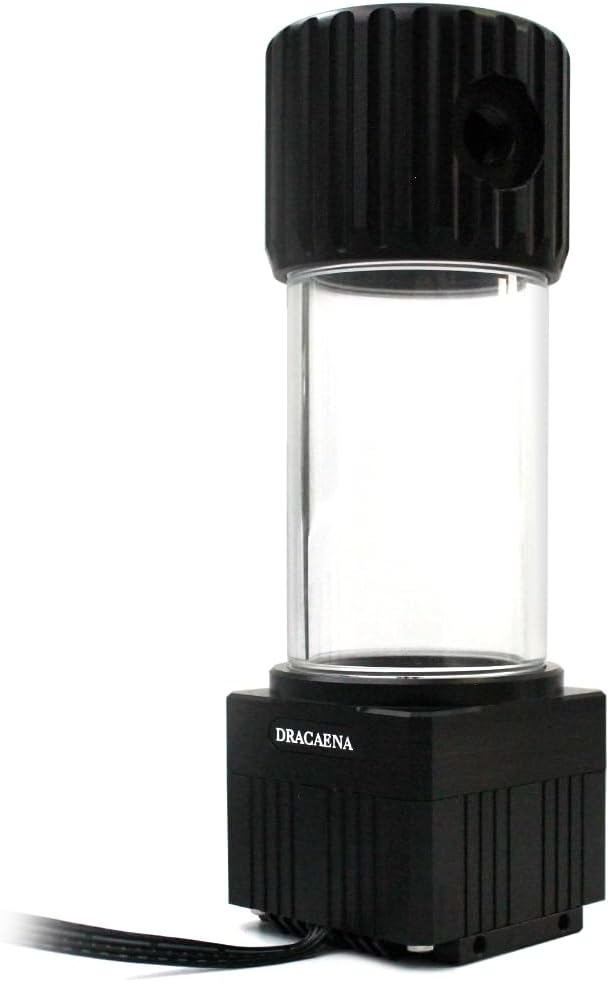 Dracaena.io High Flow 780L/H PC Water Pump Reservoir Combo, 12V 18W Brushless Microprocessor Pump, 5–6m Head, G1/4” Thread, Acrylic+POM Tank 100/200/400/600ml, 4-Pin Connector, Black (Black, 200ml)