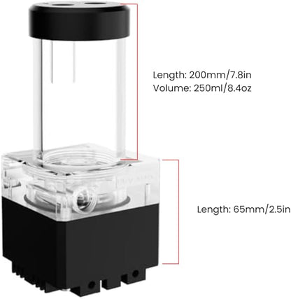 dracaena.io High Flow 650L/H PC Water Pump Combo with Colorful LED and 250ml 200mm (7.8in) Reservoir – 12W, 0.7A, 65mm x 65mm x 265mm (2.6 x 2.6 x 10.4in), Black