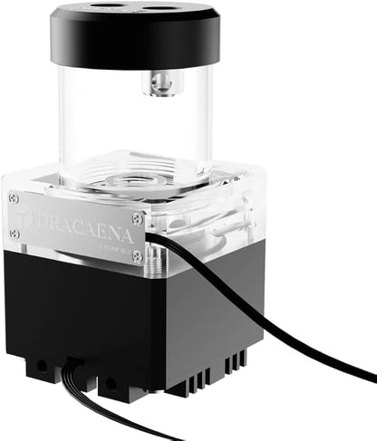 dracaena.io High Flow 650L/H PC Water Pump Combo with Colorful LED and 65ml 50mm (1.9in) Reservoir – 12W, 0.7A, 65mm x 65mm x 115mm (2.6 x 2.6 x 4.5in), Black