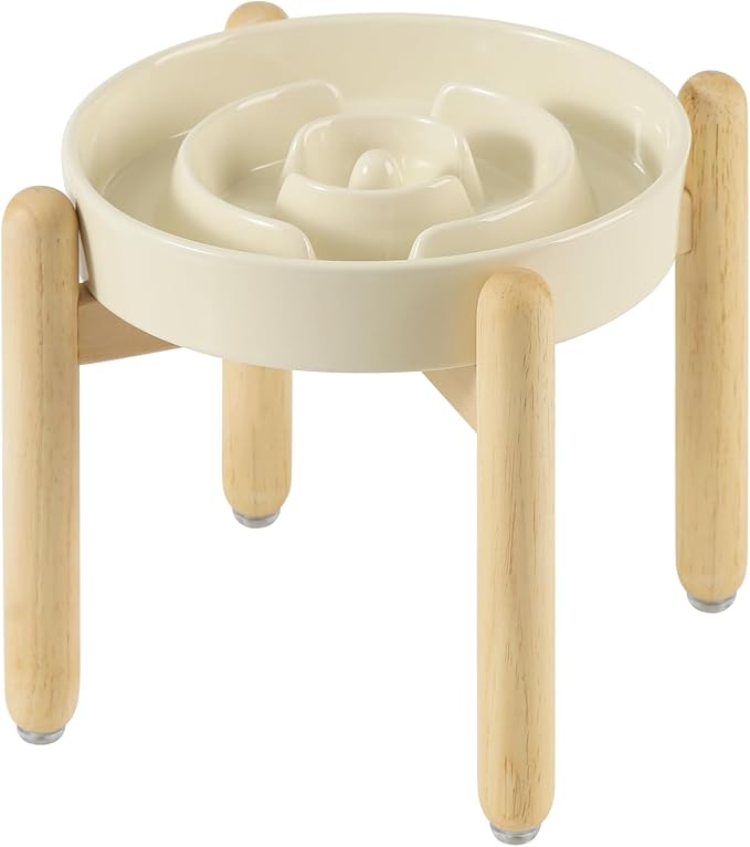 Ceramic 1.2 Cup Raised Slow Feeder Dog Bowl Set, Elevated Wooden Stand for Medium and Small Dog, 7.3inch Puzzle Slow Dish, Anti-Gulping(Beige, Single Bowl+ Stand)