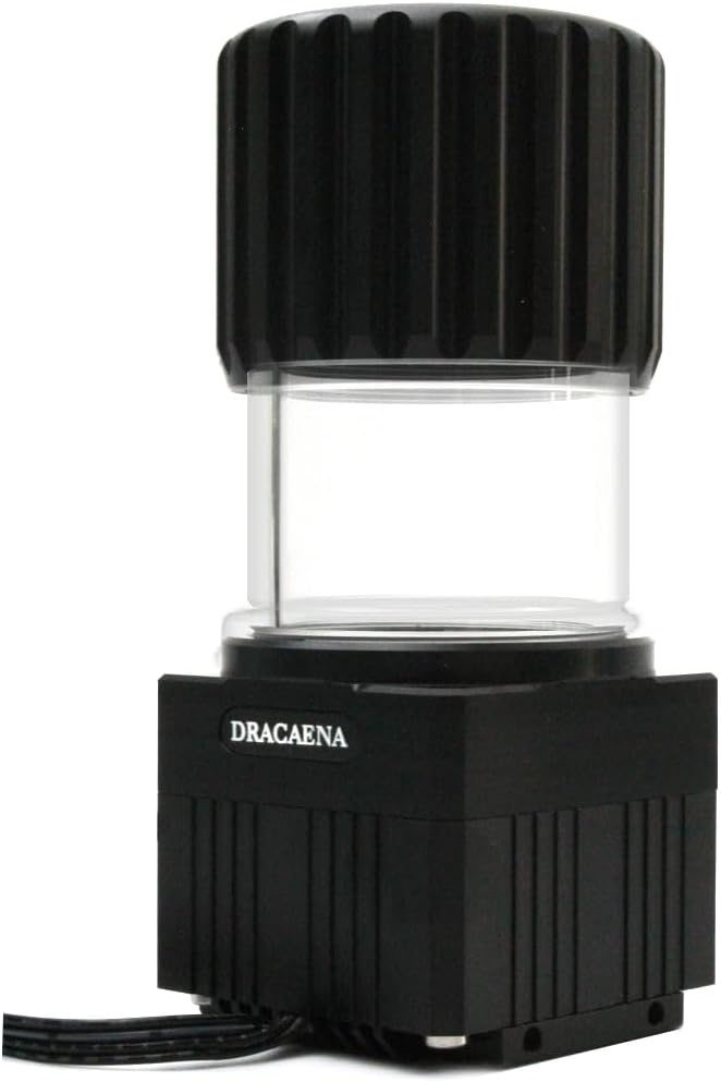 Dracaena.io High Flow 780L/H PC Water Pump Reservoir Combo, 12V 18W Brushless Microprocessor Pump, 5–6m Head, G1/4” Thread, Acrylic+POM Tank 100ml, 4-Pin Connector, Black