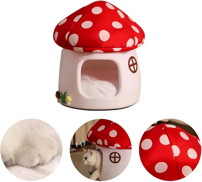Mushroom Shape Cat House Cow Shape Cats Cave Bed Semi-Enclosed Cave-Style Warm Cat House Pet Nest for Cats Small Dogs