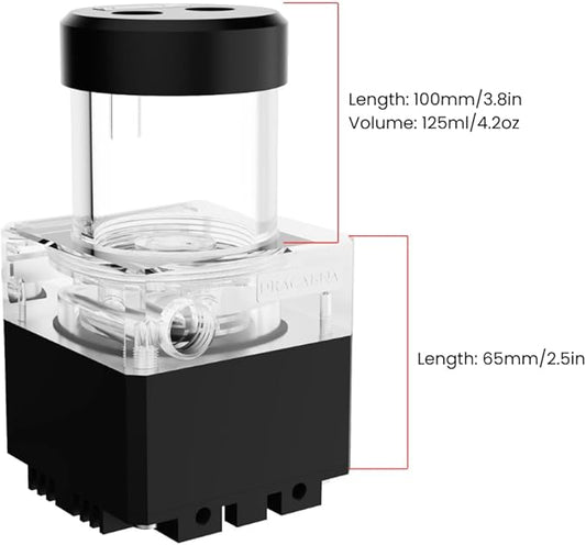 dracaena.io High Flow 650L/H PC Water Pump Combo with Colorful LED and 125ml 100mm (3.8in) Reservoir – 12W, 0.7A, 65mm x 65mm x 165mm (2.6 x 2.6 x 6.5in), Black