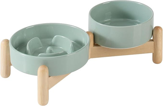 Ceramic 0.9 Cup Raised Slow Feeder Dog Bowl Set, Elevated 5.1inch Water Bowl and 6.1inch Puzzle Slow Pet Food Dish with Wooden Stand for Small Dog and Cat(2 x Light Green+ Stand)