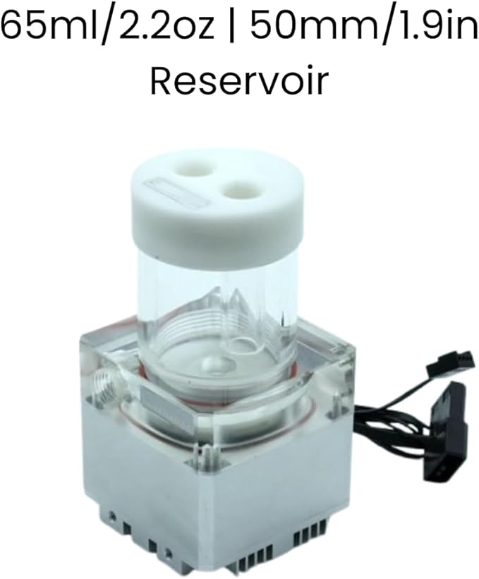 dracaena.io High Flow 650L/H PC Water Pump Combo with Colorful LED and 65ml 50mm (1.9in) Reservoir – 12W, 0.7A, 65mm x 65mm x 115mm (2.6 x 2.6 x 4.5in), White