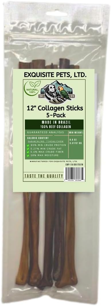 Exquisite Pets 12" Collagen Sticks (5)-Pack of 100% Beef Collagen Dental Sticks Long-Lasting Dog Chews are sourced from Brazilian Grass-Fed Free-Range, Cattle