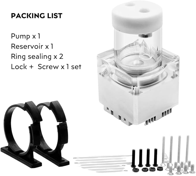 dracaena.io High Flow 650L/H PC Water Pump Combo with Colorful LED and 65ml 50mm (1.9in) Reservoir – 12W, 0.7A, 65mm x 65mm x 115mm (2.6 x 2.6 x 4.5in), White