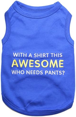 Parisian Pet Dog T-Shirt - Embroidered “ Awesome “ Dog Shirt - Pure Cotton and Lightweight Pet Clothes - Blue Sleeveless Pet Tee Shirts - Cute Puppy Clothes - Shirts for Small Dogs Boy - XS