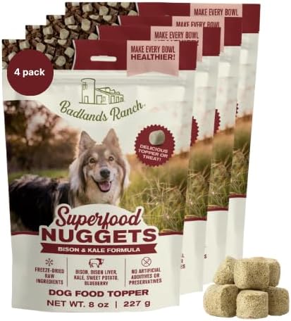 BADLANDS RANCH Superfood Nuggets – Freeze-Dried Raw Dog Treat & Food Topper, Nutrient-Dense Bison & Kale Formula, No Artificial Additives, 8oz Bags (4-Pack Bundle)