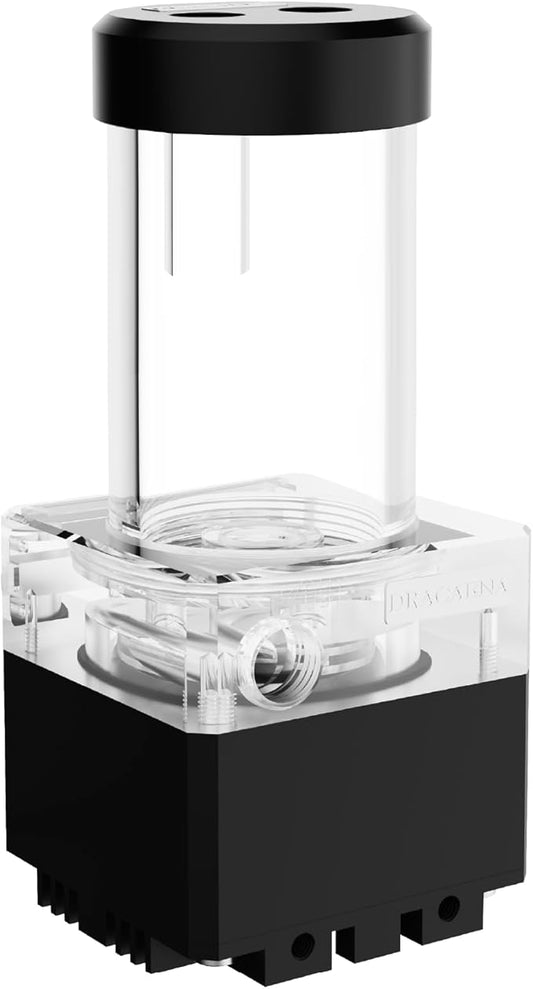 dracaena.io High Flow 650L/H PC Water Pump Combo with Colorful LED and 250ml 200mm (7.8in) Reservoir – 12W, 0.7A, 65mm x 65mm x 265mm (2.6 x 2.6 x 10.4in), Black