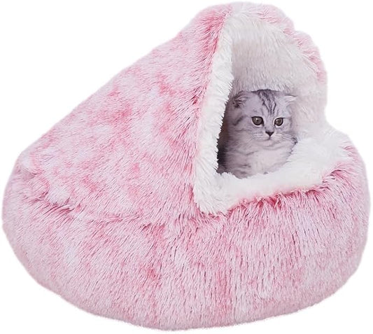 Calming Round Dog Bed & Cat Cave with Hooded Cover, Plush Fluffy Anti-Anxiety Cat Bed, Waterproof Bottom Washable (Pink, 20x20inch)