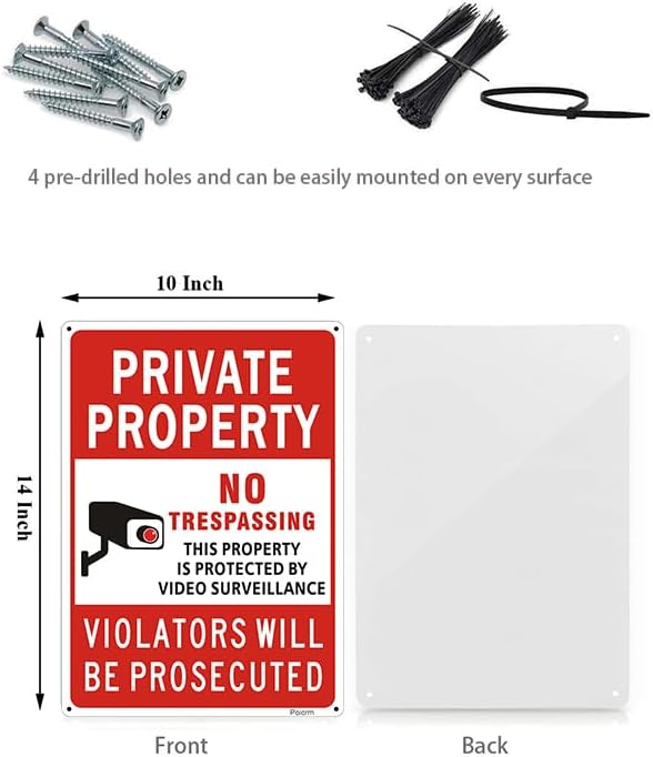 (2 Pack) Large No Trespassing Signs Private Property, Violators Will Be Prosecuted,14"x10".04" Aluminum Reflective Metal Sign,Weather Resistant, Waterproof, Durable Ink, Easy to Mount