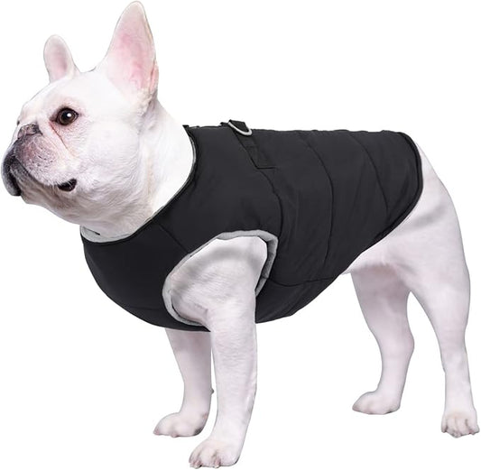 Geyecete Dog Bulldog Clothes Dog Cotton Padded Coat Thick Winter Warm Vest Waistcoat Cold Weather Jacket Clothing for French Bulldog Coat-Black-M